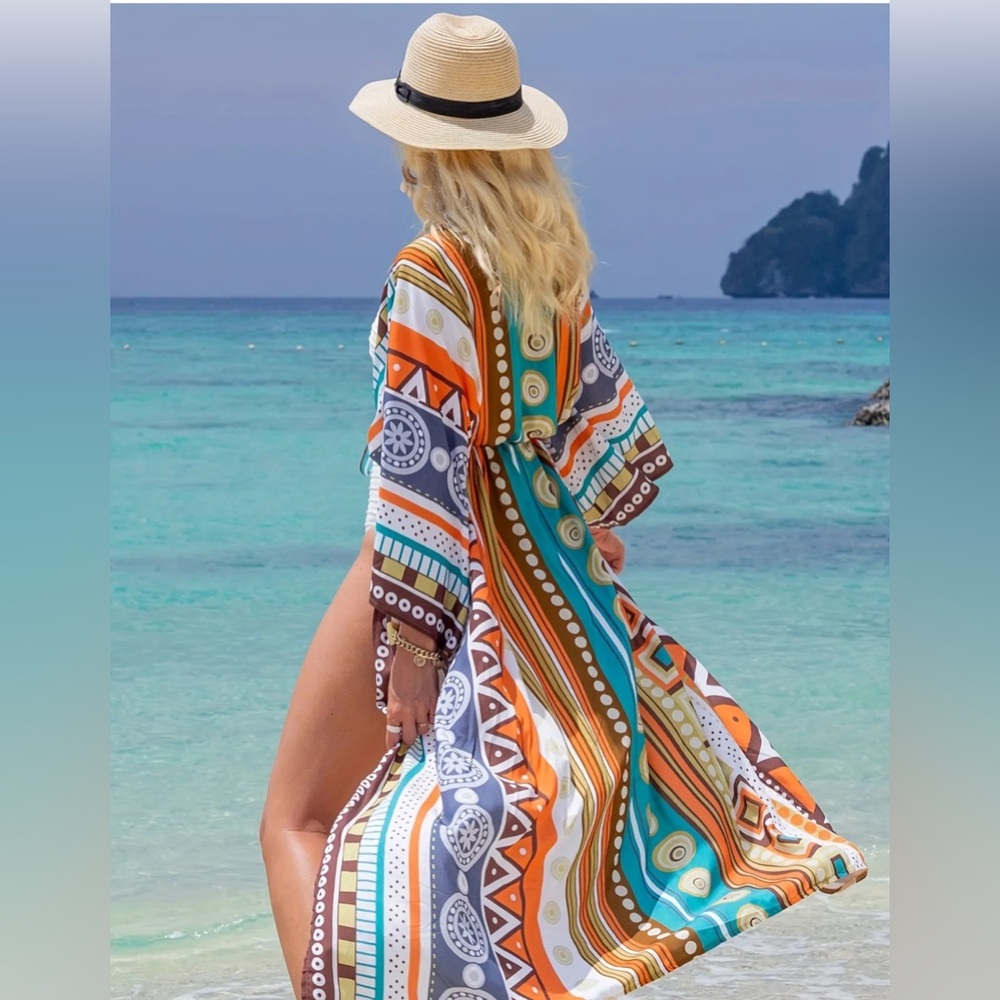 Boho Plus Size Cover Up, Tribal Print Long Sleeve Cover Up Long Cardigan